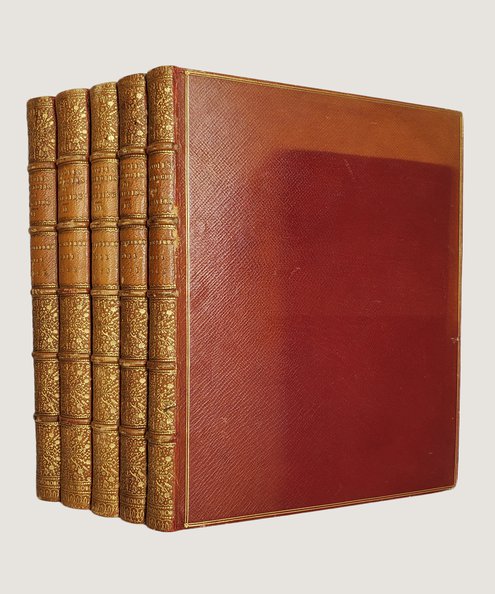  Anecdotes of Painting in England; With some Account of the principal Artists; And incidental Notes on other Arts; Collected by the late Mr. George Vertue; and now digested and published from his original MSS. by Mr. Horace Walpole [with] A Catalogue of Engravers, Who have been born, or resided in England; Digested by Mr. Horace Walpole from the MSS. of Mr. George Vertue; to which is added An Account of the life and Works of the latter. [5 volume set].  Walpole, Horace.