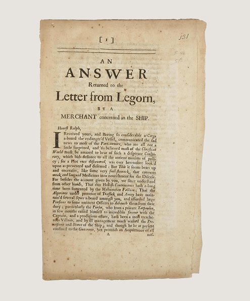  An Answer Returned to the Letter from Legorn, by a Merchant concerned in the Ship.  'L. F.'