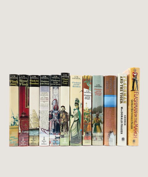  [Flashman - A Complete First Edition Set]: Flashman; Royal Flash; Flash for Freedom!; Flashman at the Charge; Flashman in the Great Game; Flashman's Lady; Flashman and the Redskins; Flashman and the Dragon; Flashman and the Mountain of Light; Flashman and the Angel of the Lord; Flashman and the Tiger; Flashman on the March.  Fraser, George MacDonald.