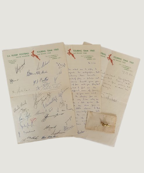  S. A. Rugby Football Touring Team 1960 [2 letters, signatures sheet and lapel badge] [Springboks/ Rugby Sporting Autographs].  Lockyear, Dick [Richard John].