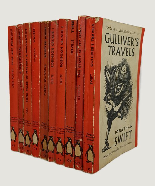  [The First 10 penguin Illustrated Classics]. Pride and Prejudice; A Sentimental Journey; Some Tales of Mystery & Imagination; Walden; Selected Poems [Browning]; Robinson Crusoe I & II; Typee; The Story of my Heart; Gulliver’s Travels  Austen, Jane; Sterne, Laurence; Poe, Edgar Allan;  et al